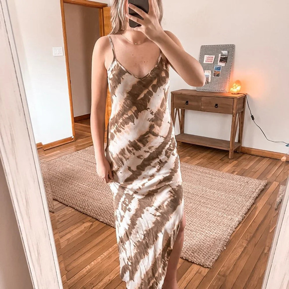 SW3 Bespoke 100% Silk Brown Tie Dye V Neck Going Out Strappy Slip Maxi Dress M - Picture 2 of 10